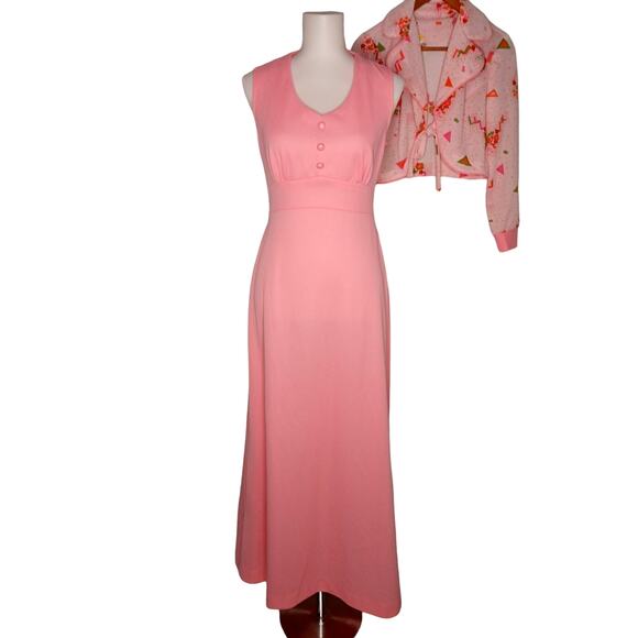 Vintage Maxi Dress and Matching Shrug Jacket Set 1960s Mod Geometric Floral Pink - Picture 1 of 15
